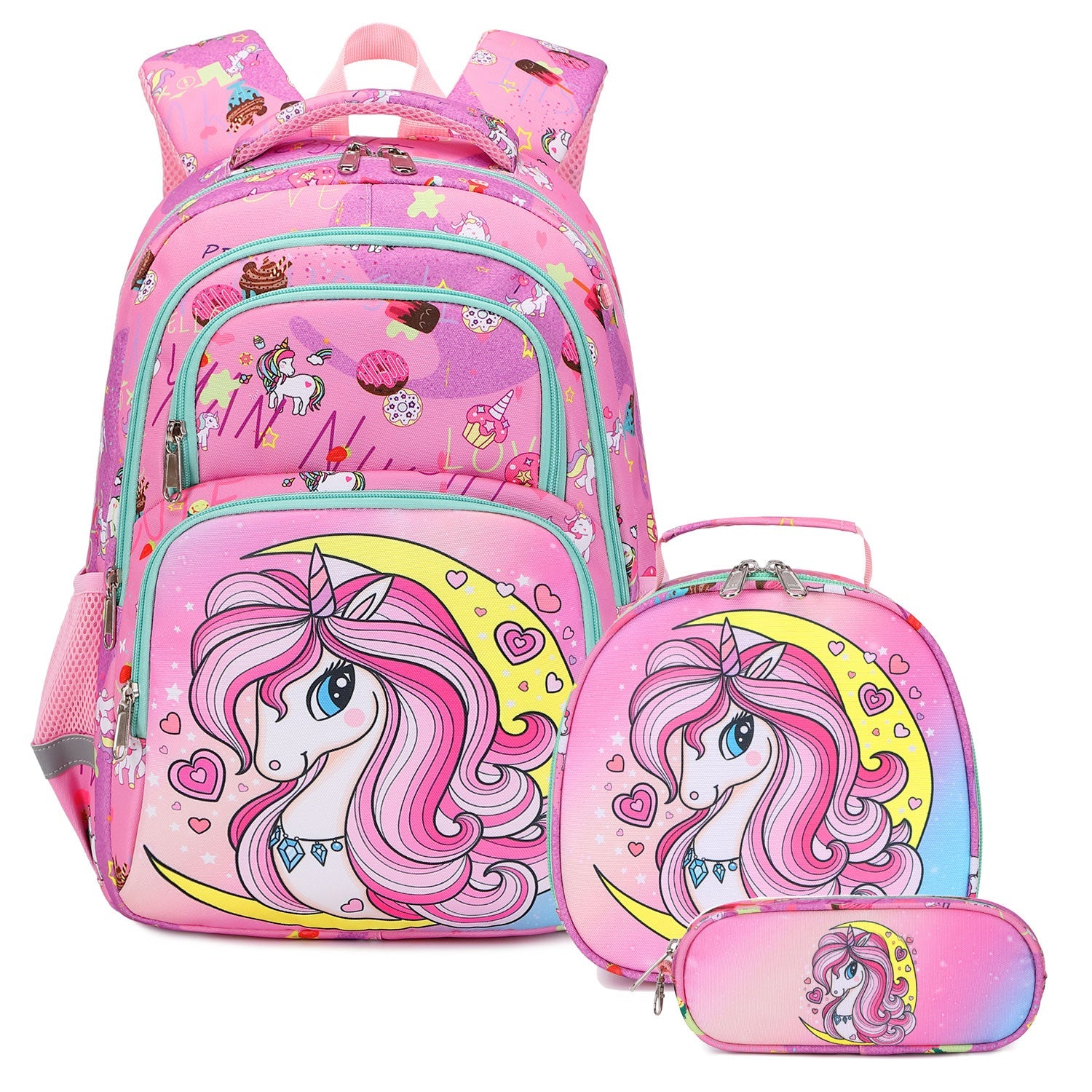 Pink Unicorn Kids Ergonomic Backpack Bundle for Girls