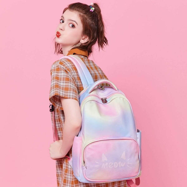 rainbow cat school bag college girls backpack